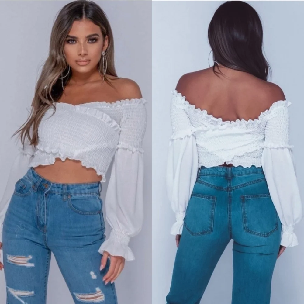 Zara White Smocked Wrap Crop Top 100% Cotton Size Medium